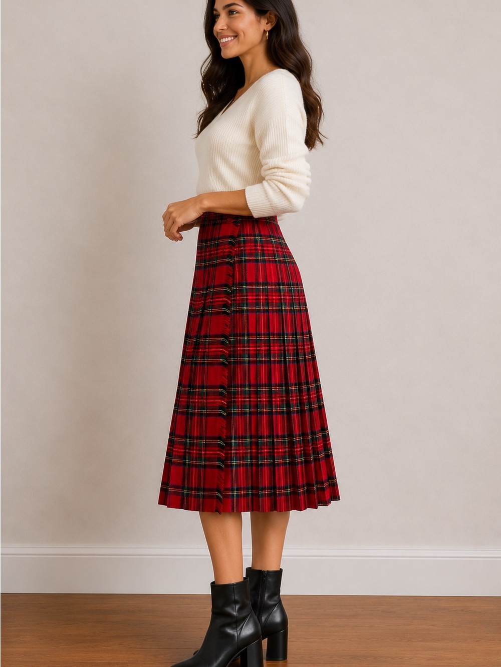 Vintage Aljean 100% Wool Red Tartan Pleated Kilt Skirt | Made in Canada
